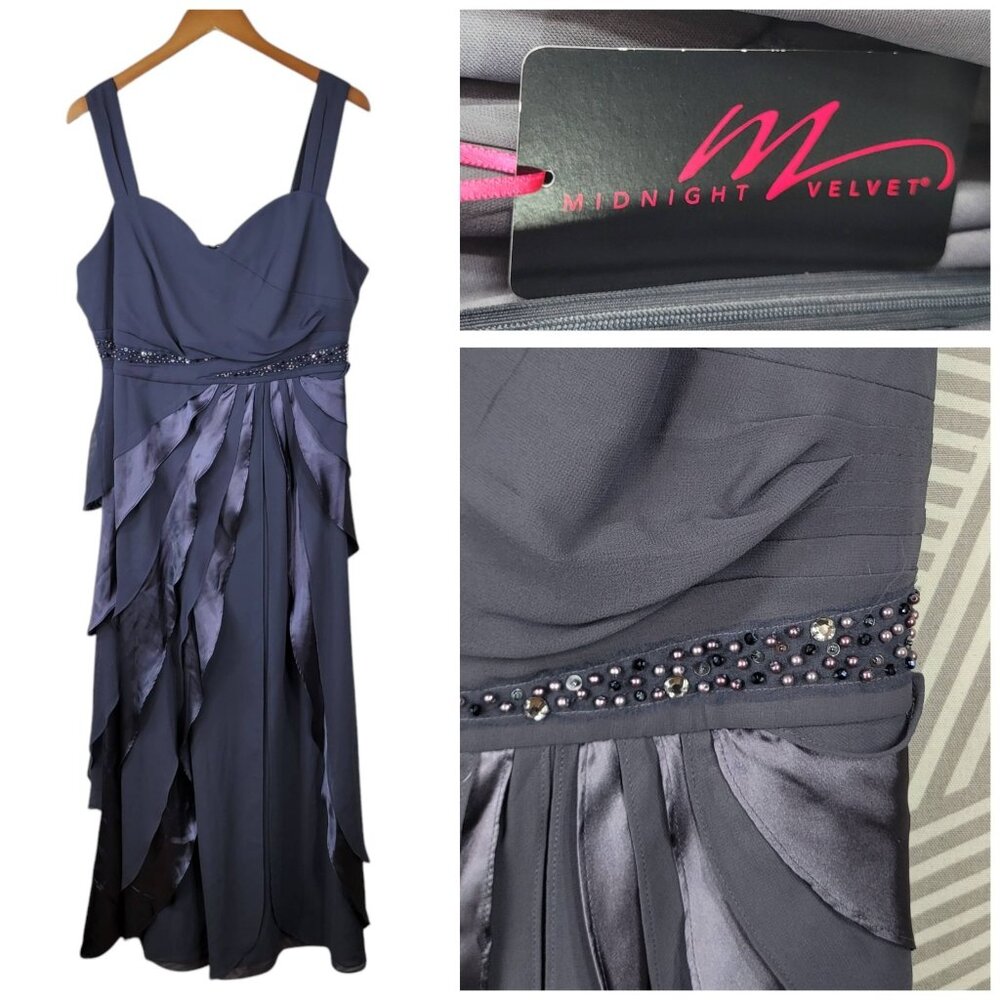 NEW Midnight Velvet Dress Size 16 Prom Party Jeweled Satin Layered Midi Grey